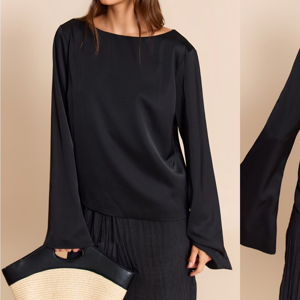 PRETTY LITTLE THING BLACK SATIN BOAT NECK FLARE SLEEVE TOP